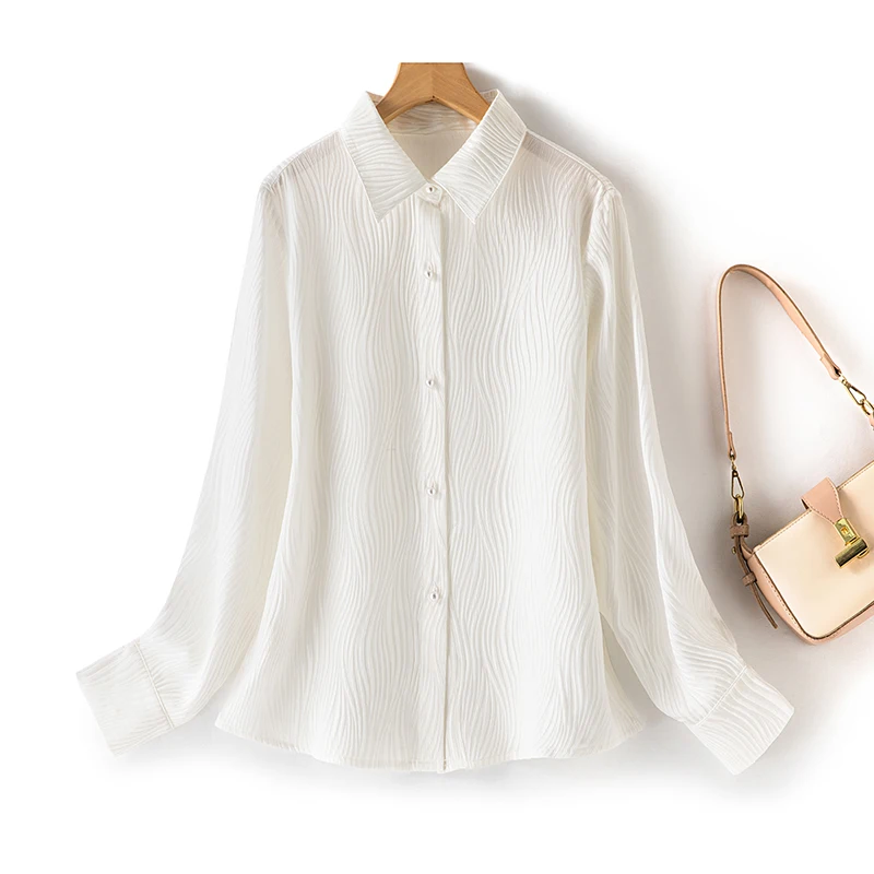 

Women Silk Shirt 100% Mulberry Silk Jacquard Silk White Color Buttons Down Long Sleeve Shirt Blouse Top Office Work M L XL FF084