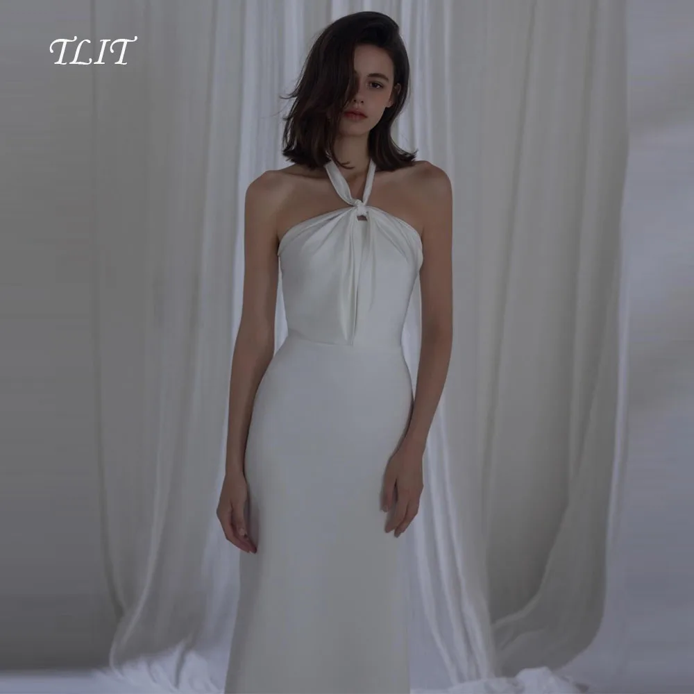 

TLIT Simple White Silk Satin A-Line Wedding Dresses Customized Sleeveless Halter Bridal Gowns Korea Wedding Dresses Photos Shoot