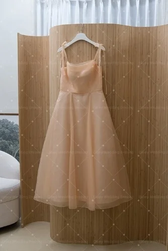 OLOEY 2027 Customized Peach Champagne Evening Dress Square Neck Organza Tea Length Prom Party Dresses Vestidos