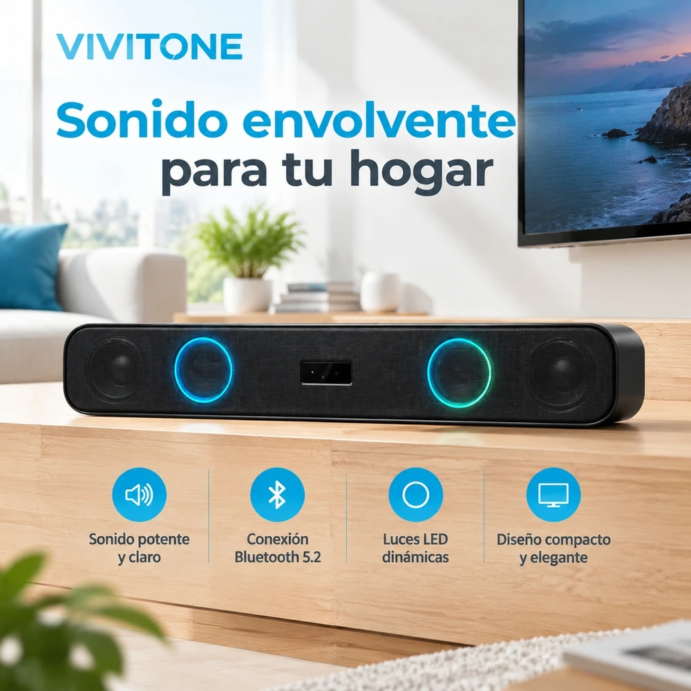 Barra de Sonido Inalámbrica Bluetooth 5.2, Altavoz Soundbar de 8W con Luces RGB, Batería Recargable 1200mAh, para TV, Ordenador, Escritorio