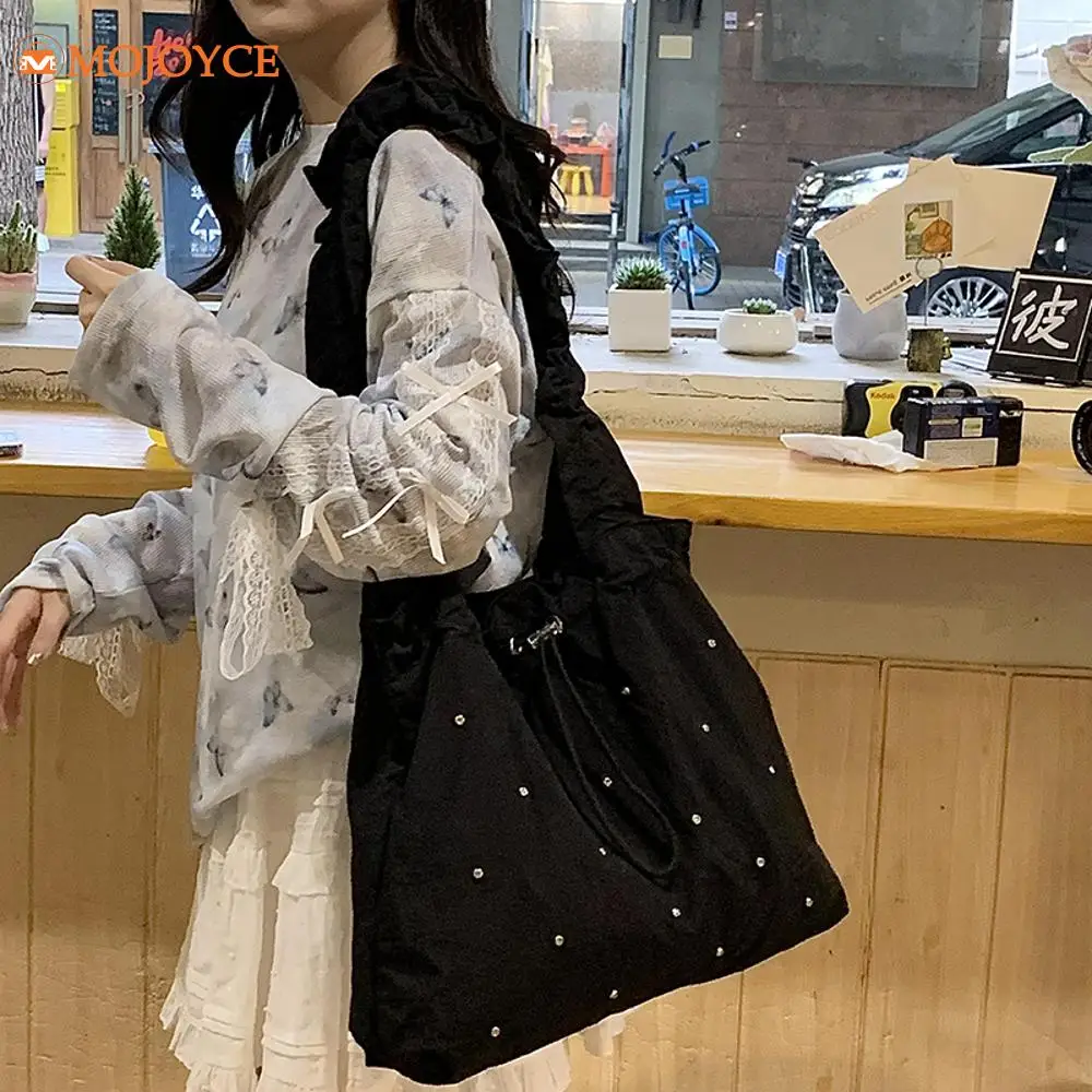 Women Nylon Shoulder Bag Drawstring Strap Fashion Handbag Large Capacity Commuting Bag Solid Casual Sparkling Underarm Bag Totes