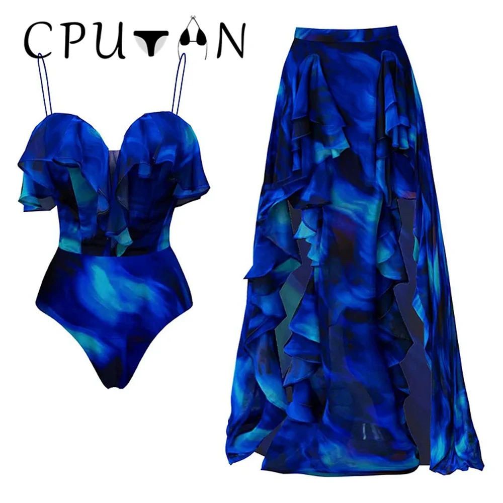 CPUTAN 2024 Blue Sexy Push Up One Piece Swimsuit and Skirt Ruffle Women Swimwear Monokini Strój kąpielowy One Piece Beachwear Dress