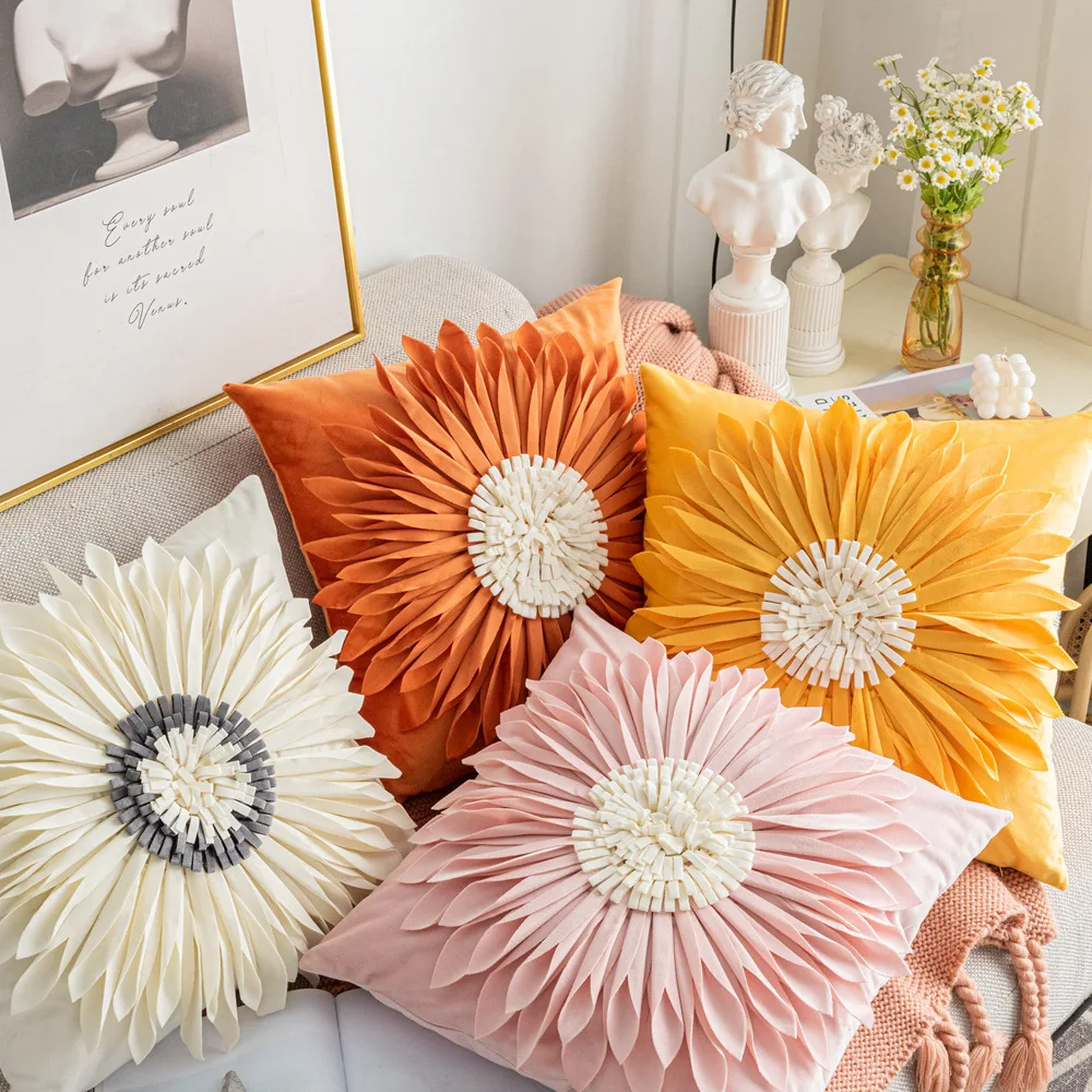 INS Style Sun Flower Round Square Cushion  Bedside Pillow for Living Room Model Room Car Bed Office 45cm