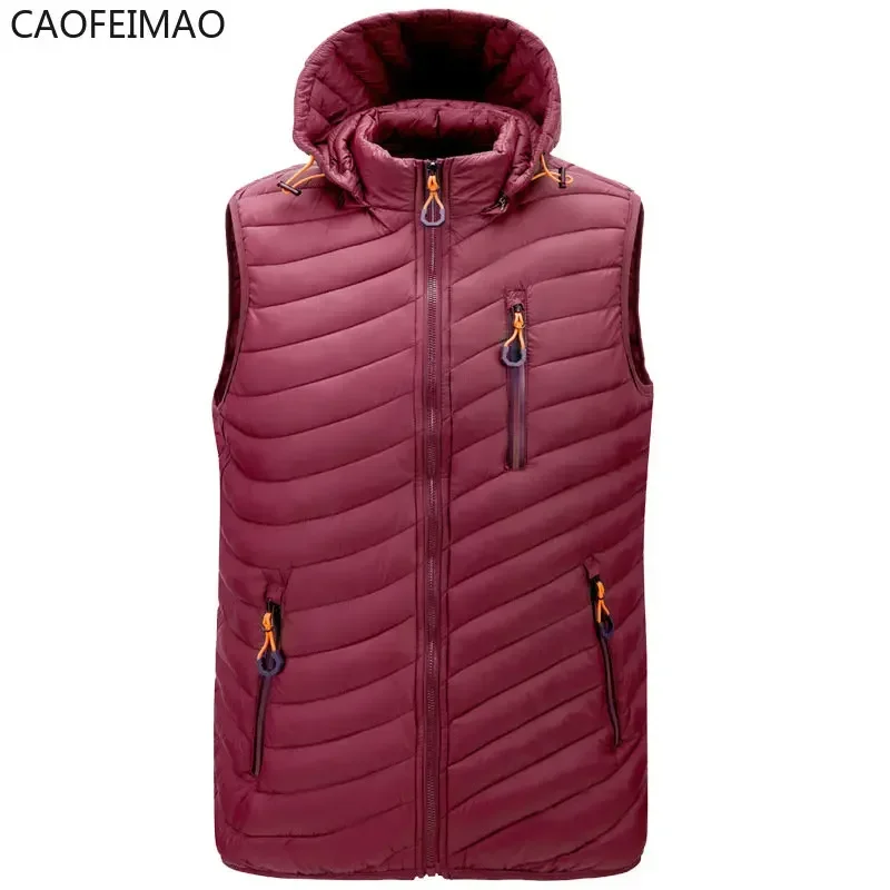 2025 Men Sleeveless Down Vests Solid Hooded Vest Jackets Hot Fashion Male Winter Casual Pockets Waistcoat Windproof Jacket