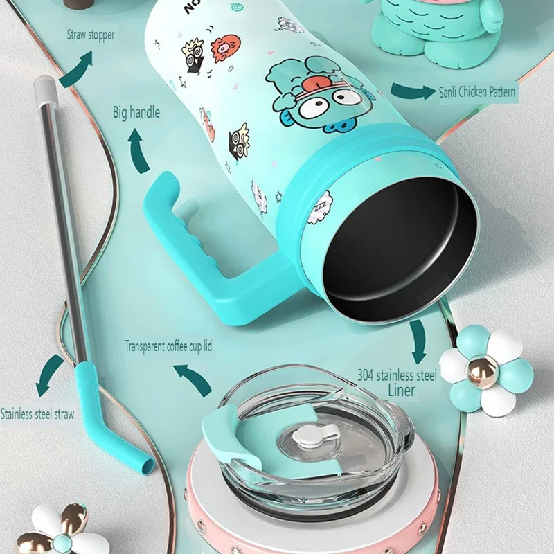 كوب ترمس هالو كيتي بسعة عملاقة مع مقبض كرتوني لطيف زجاجة ترمس فتاة أنيمي الطرفية هدية عيد الميلاد هدية عيد ميلاد