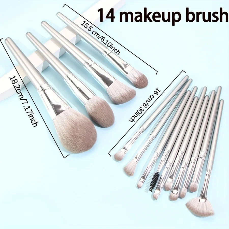 14-Piece Silver Professional Makeup Brush Set | Includes 2 Plush Velvet Puffs + 2 Blending Sponges | Vegan Cruelty-Free 2026