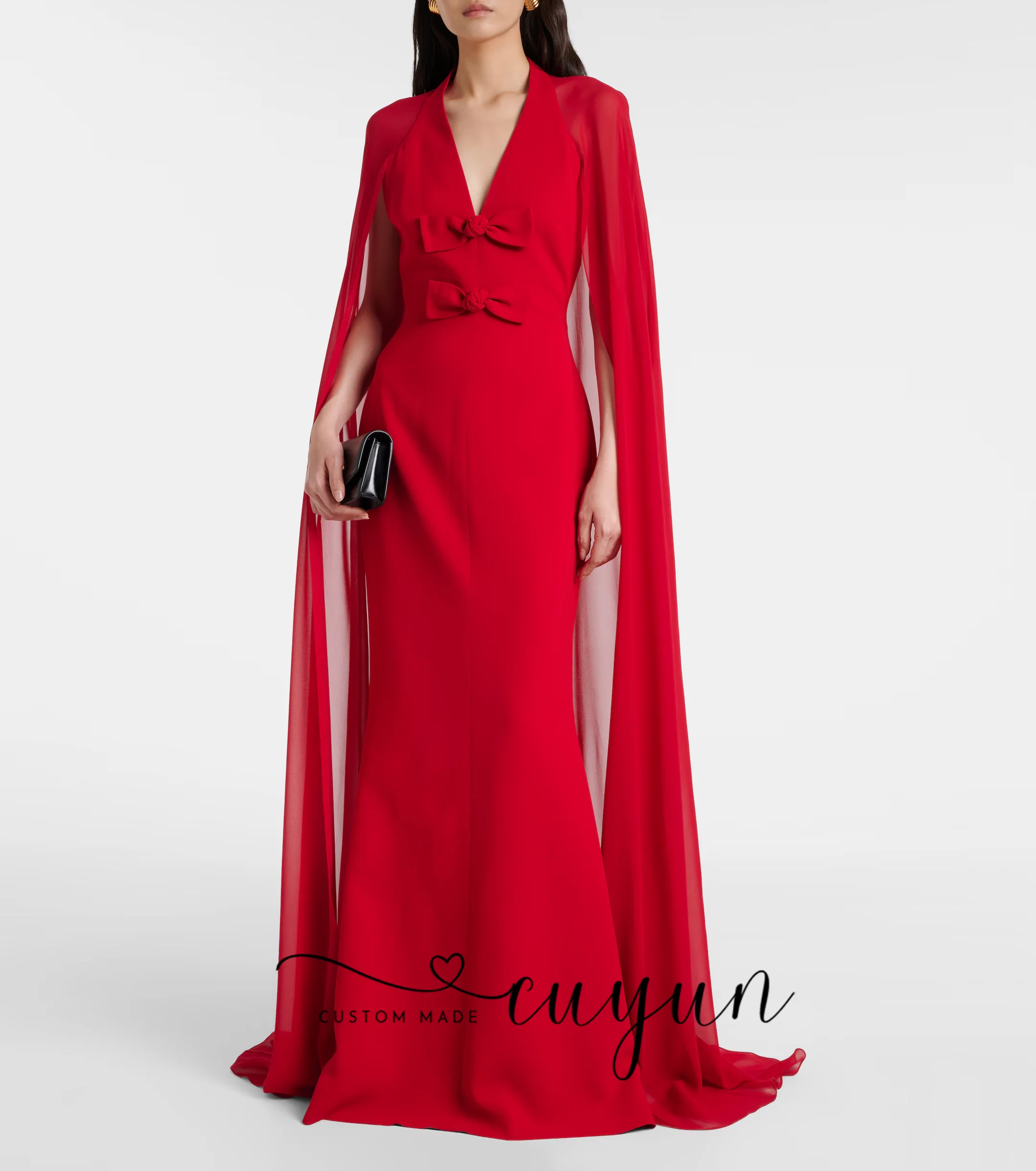 CUYUN Abiti da sera personalizzati con maniche a mantella con scollo a V rosso con fiocco Abito da cerimonia formale per cena in chiffon Abito da ballo per occasioni speciali