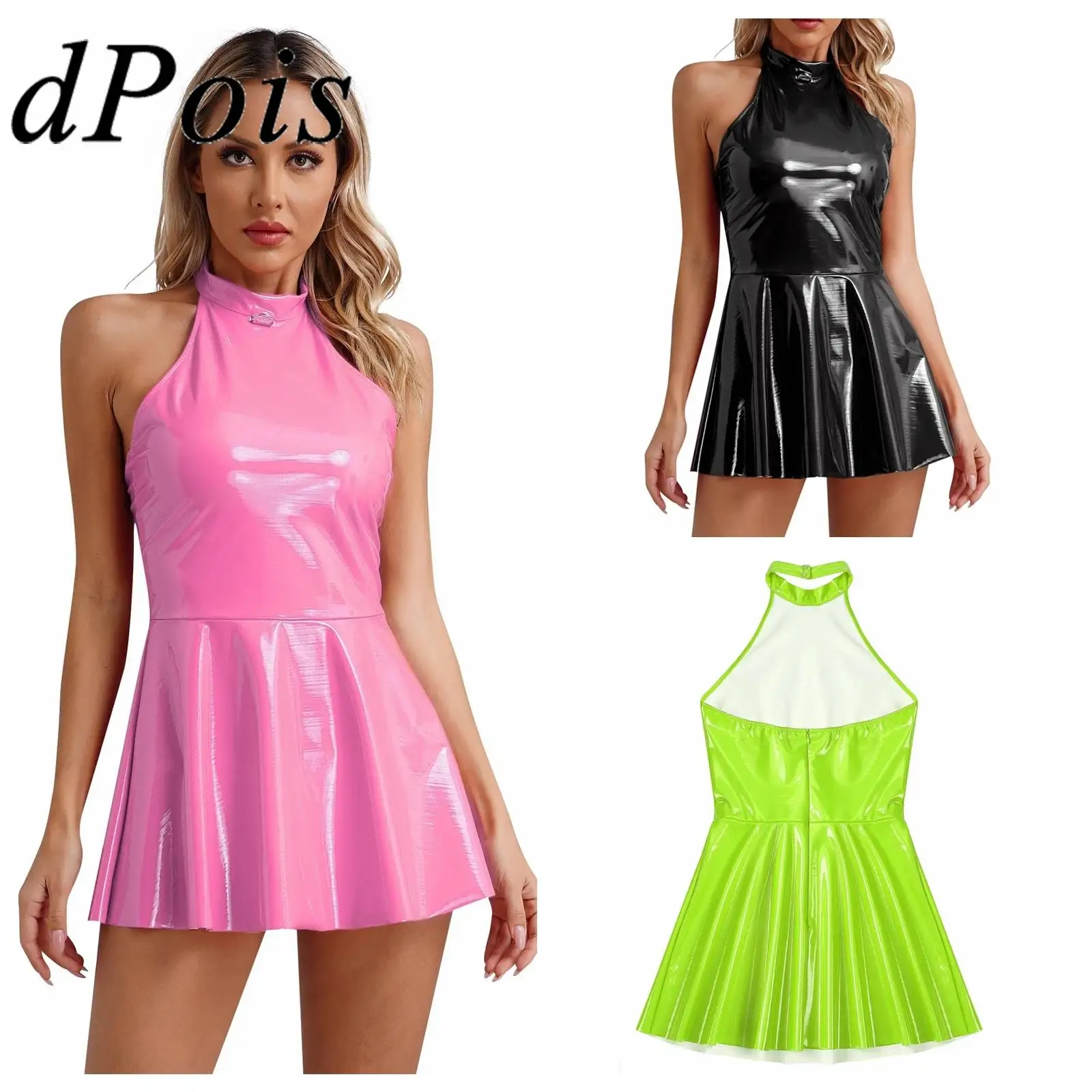 

Clubbing Dress Women Wet Look Patent Leather Mini Dress Halter Glossy Clubwear Sleeveless Pole Dancing Disco Sexy Nightclub