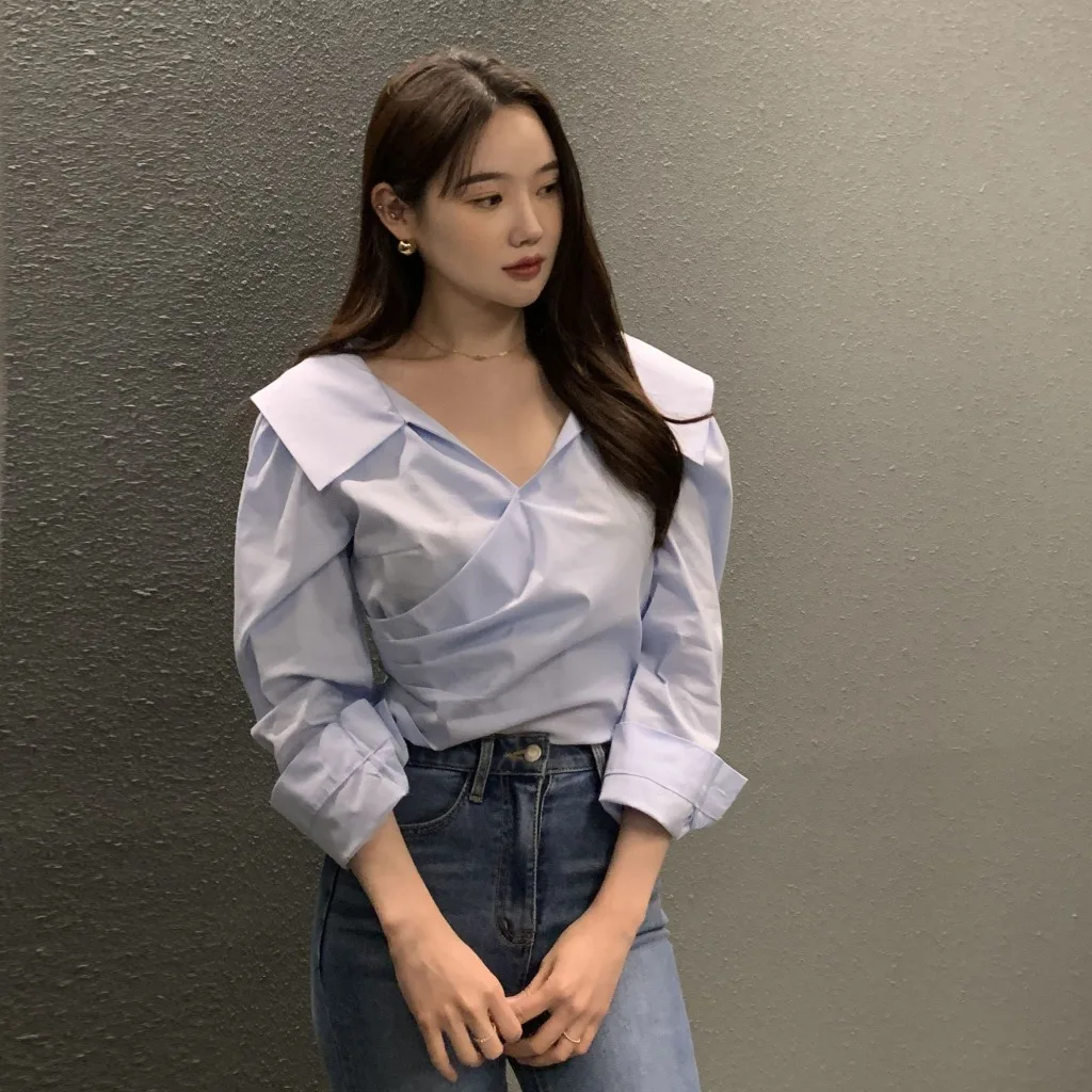 Design Sensation Long Sleeve V-Neck Pleated Shirt Women's Fashion Spring Summer Color Casual Comfortable Fit Shirt
