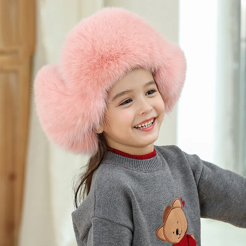 Children\'s Winter Hat For Girl Baby Hat Natural Fur Hat Soft Outdoor Windproof Hat Kids Hat With Earflaps Russian Fox Fur Hat