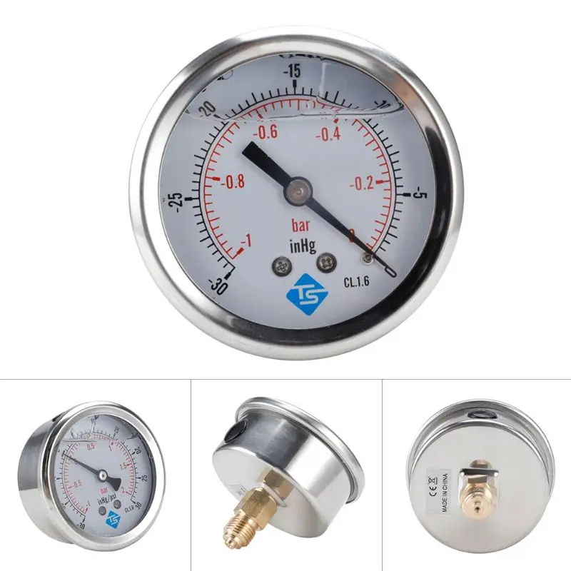 1/4 BSP Vacuum Gauge Glycerine filled 68mm 1~0 Bar 30 + 0/15/30 Pressure Gauge Round-shaped