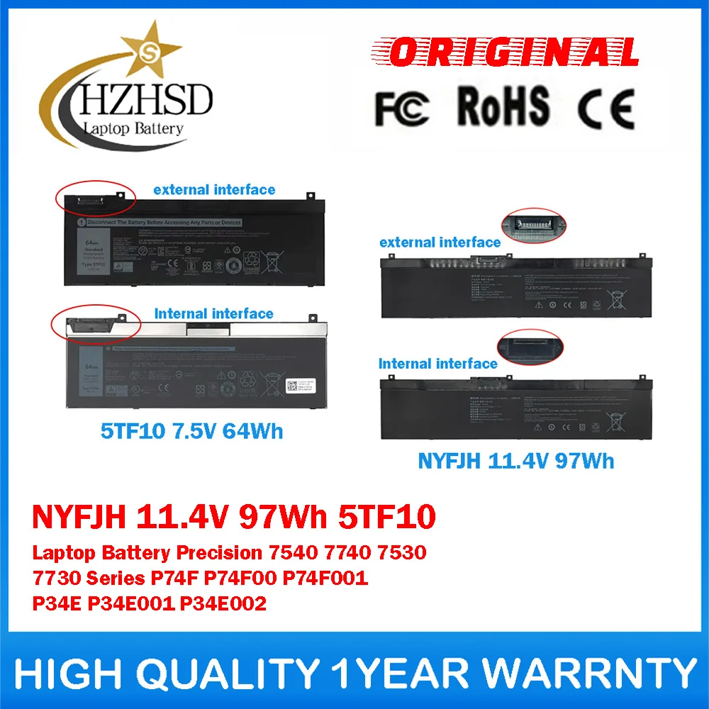 

NYFJH 11.4V 97Wh 5TF10 7.5V 64Wh Genuine Original Laptop Battery For Dell Precision 7540 7740 7530 7730 P74F P74F00 P74F001 P34E