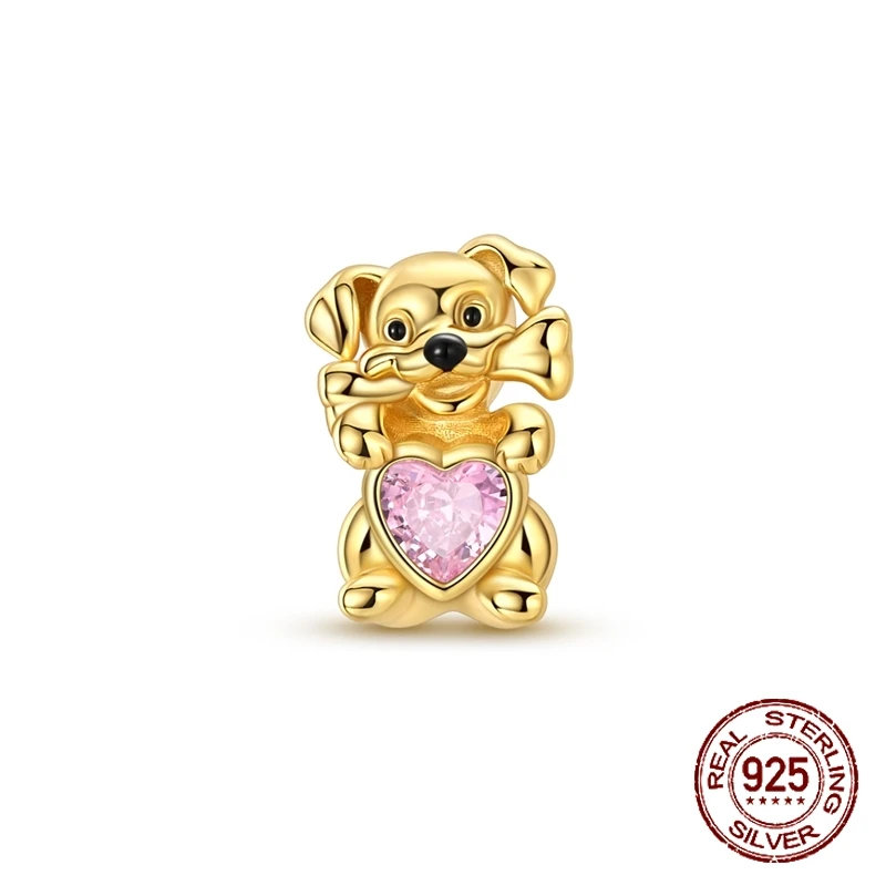 

925 Sterling Silver Puppy Dog Charm Pink Heart Zircon Stone Pet Bead Bone Fit Bracelets Dog Lover Cute Jewelry Gift for Women