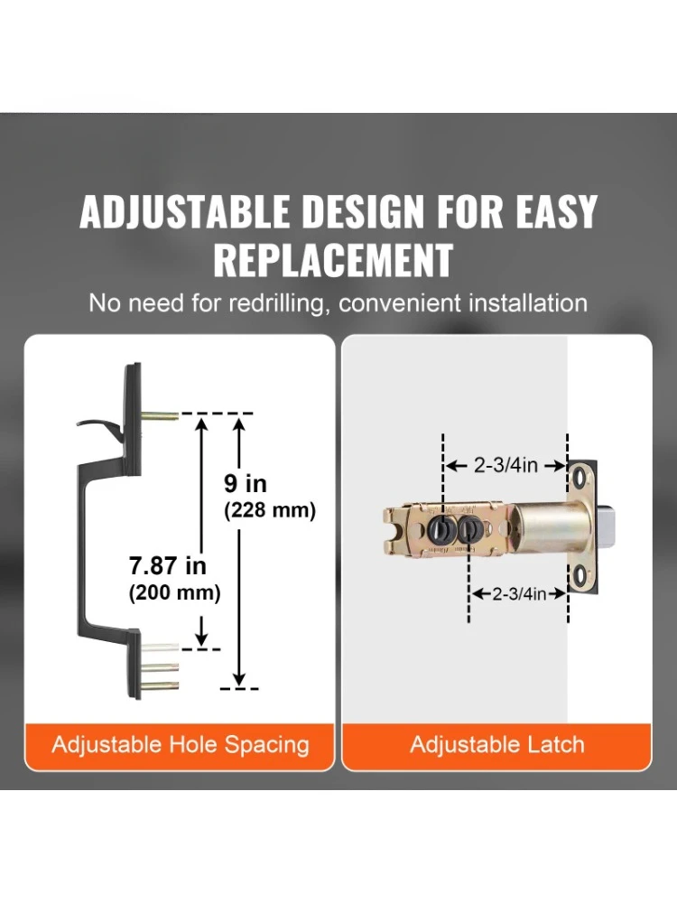 Front door handle, matt black square handle set, with lever door handle, no lock, adjustable hole spacing, entry door handle