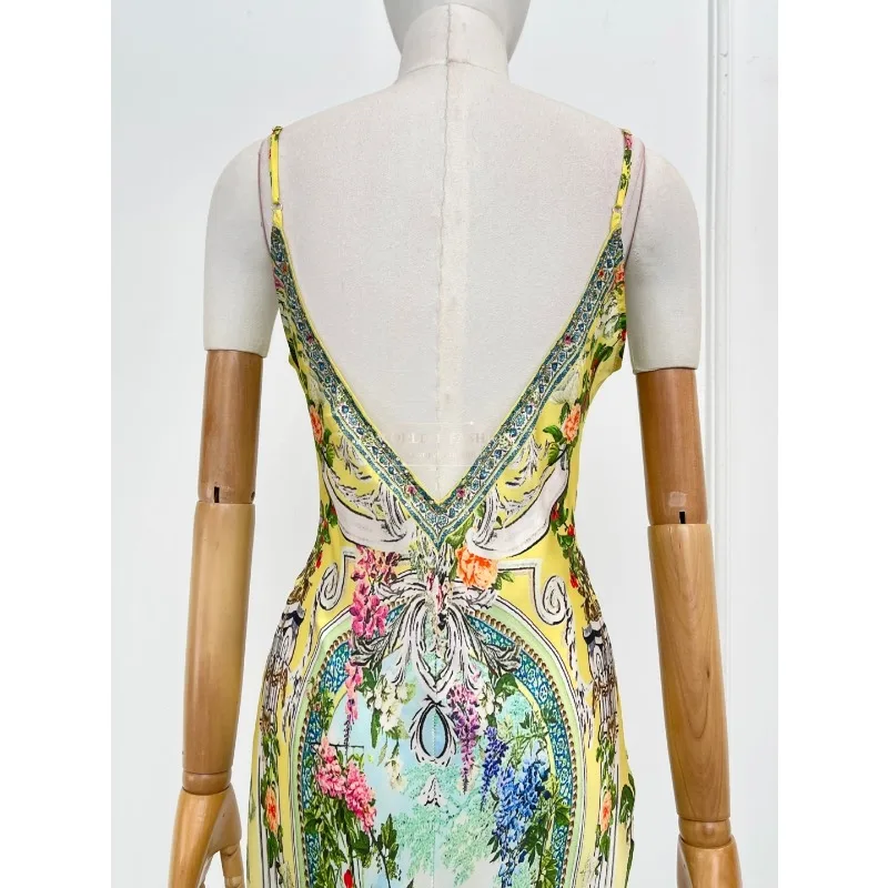 Vestido midi com cintura cortada e halter para férias, novo vestido de seda amarelo com estampa floral sem mangas de alta qualidade