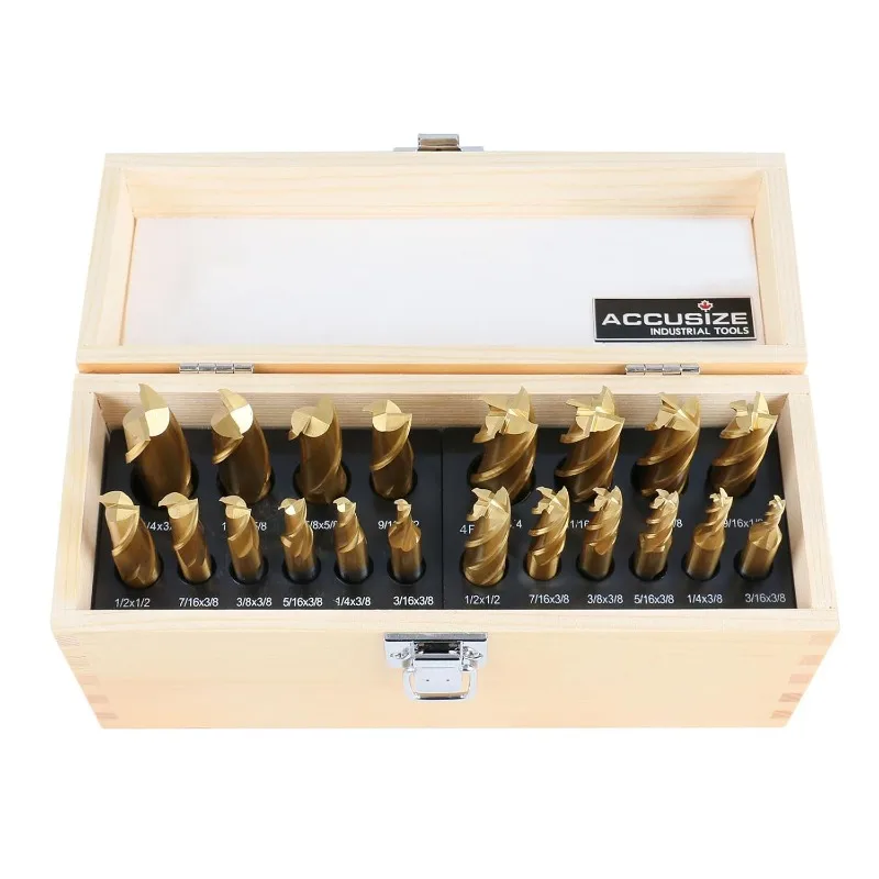 20 Pc Hss Tin Coated End Mill Set, 2 Flute and 4 Flute, Cutting Diameter from 3/16'' up to 3/4'', 1810-0100