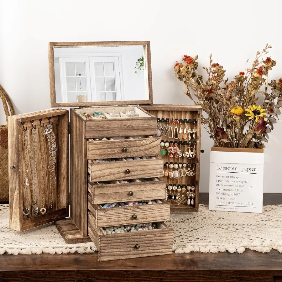 Wooden Jewelry Box for Women 6-Tier Large Jewelry Organizer Boxes with Mirror Rustic Solid Wood jewlery Storage Display for Rin