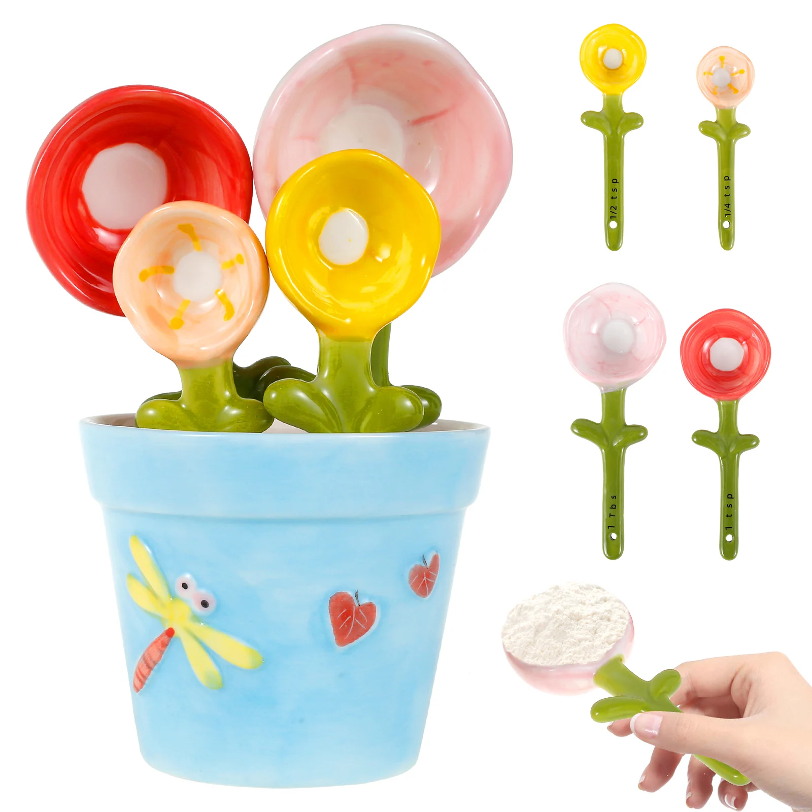 4Pcs Flower Measuring Spoons Set in Pot Cute Ceramic Measuring Spoons with Base Decorative Flower Pot Measuring Spoons and Cup