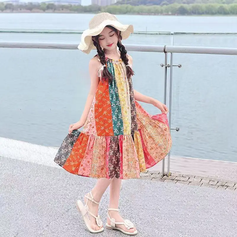 

Girls Casual Dresses Floral Print Halter Sleeveless Top Girls Dress Kids Clothes for 5 To 14 Years Chinese Traditional Dress