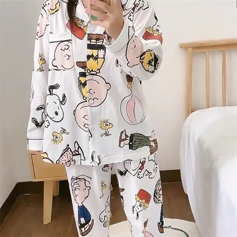 Anime Snoopy Pajamas Student Dormitory Home Clothes Set Cartoon Snoopy Long Sleeves Pajamas Loose Comfortable Leisure Clothes