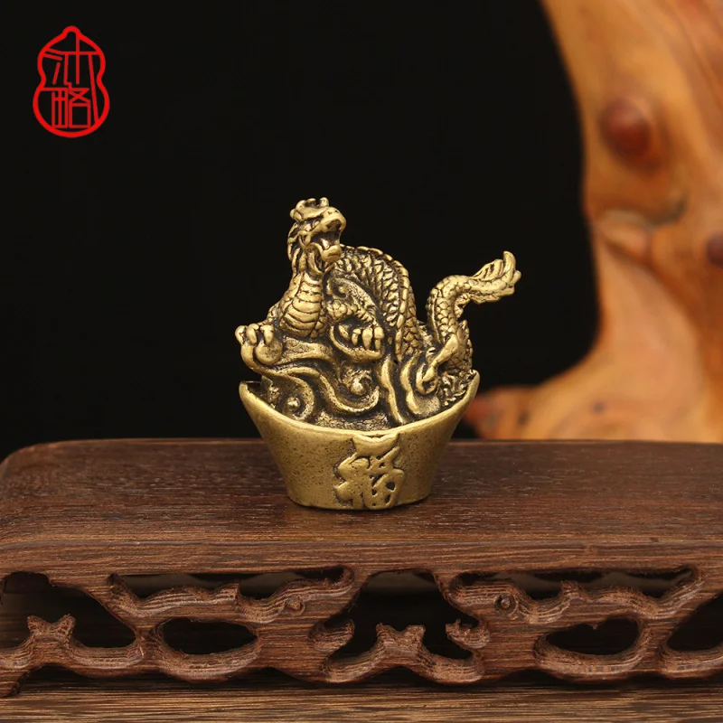 

Brass Yuanbao Dragon Handmade Vintage Collectible Copper Home Office Tea Pet Decoration Metal Craft Ornament
