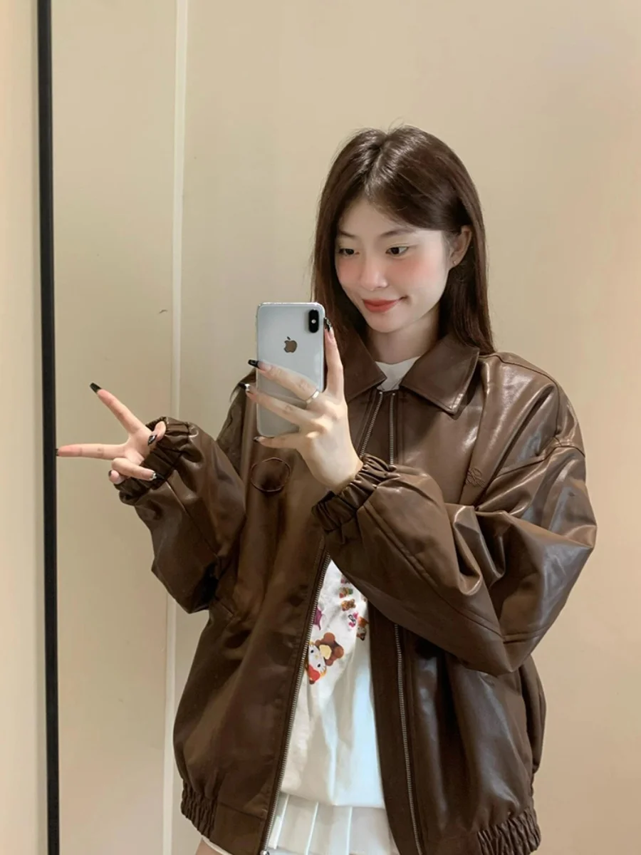 Große Größe American Sle Coffee PU Leder Jaet Damen Herbst Neue High-End Lose Heavy Du Paar Motorrad Jaet