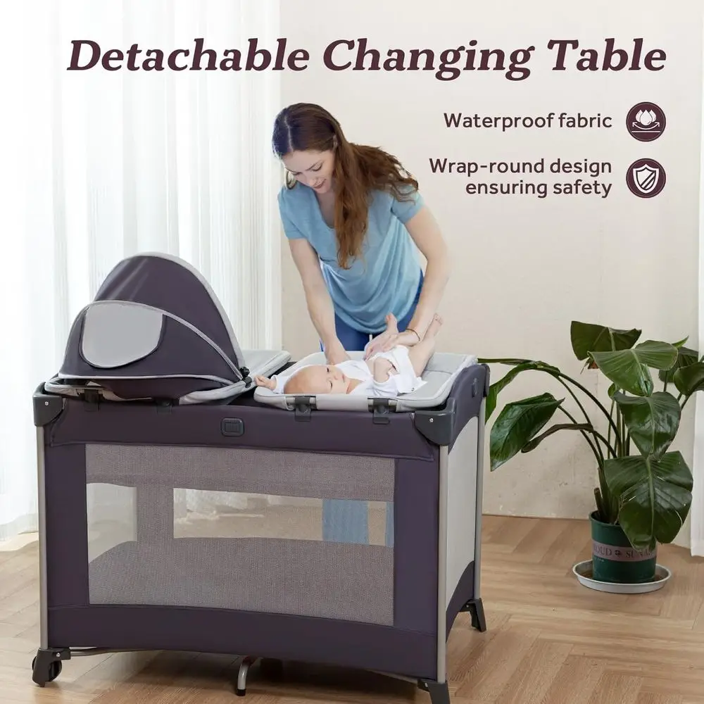 لعبة أطفال محمولة 4 في 1، روضة أطفال قابلة للطي مع سرير، مظلة، طاولة تغيير، وسرير سفر #5