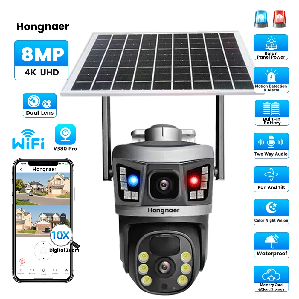

Hongnaer 8MP 4K Smart Solar Panel Powered Wireless WiFi PTZ IP V380 Pro Dual Lens WiFi Outdoor CCTV Solar Security Camera