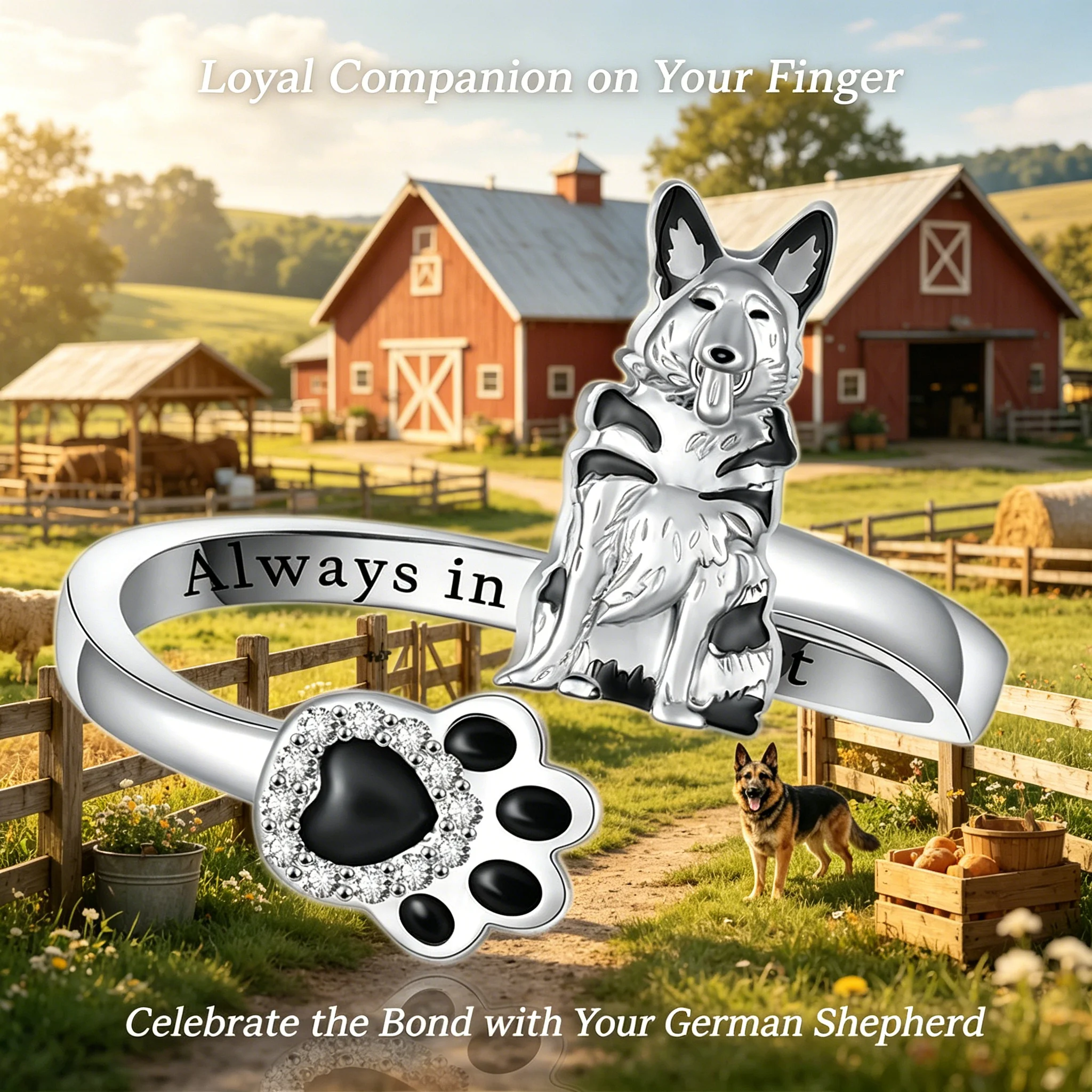 Two-Tone Zinc Alloy German Shepherd Ring Clear Faux Rhinestone Paw Print Dog Lover Gift for Women Girls