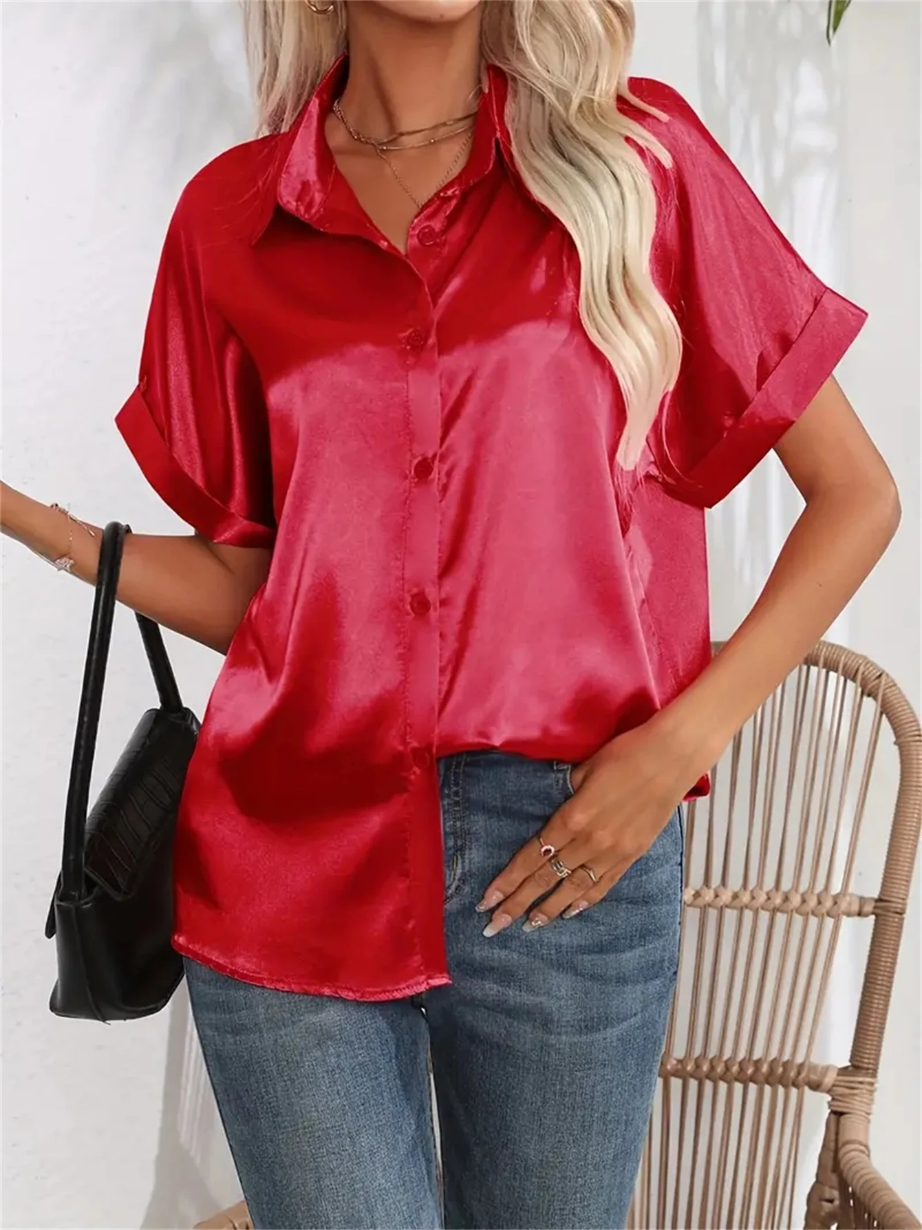 Casual Turn-Down Collar Button Front Solid Color Short Sleeved Satin Shirt Women Summer Blouse