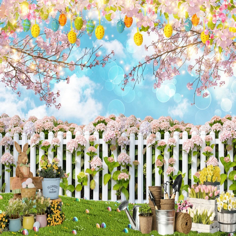 Spring Easter Photography Backdrop Rabbits Flower Grass Baby Birthday Party Kids Portrait Photocall Background Photo Studio Prop