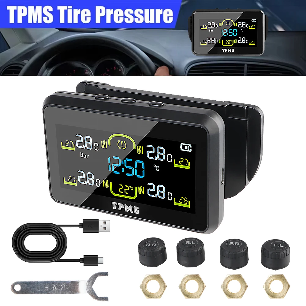 T14-1 Temperature Warning Fuel Save Solar TPMS Tire Pressure Monitoring System Car Tyre Pressure Monitor With 4 External Sensors