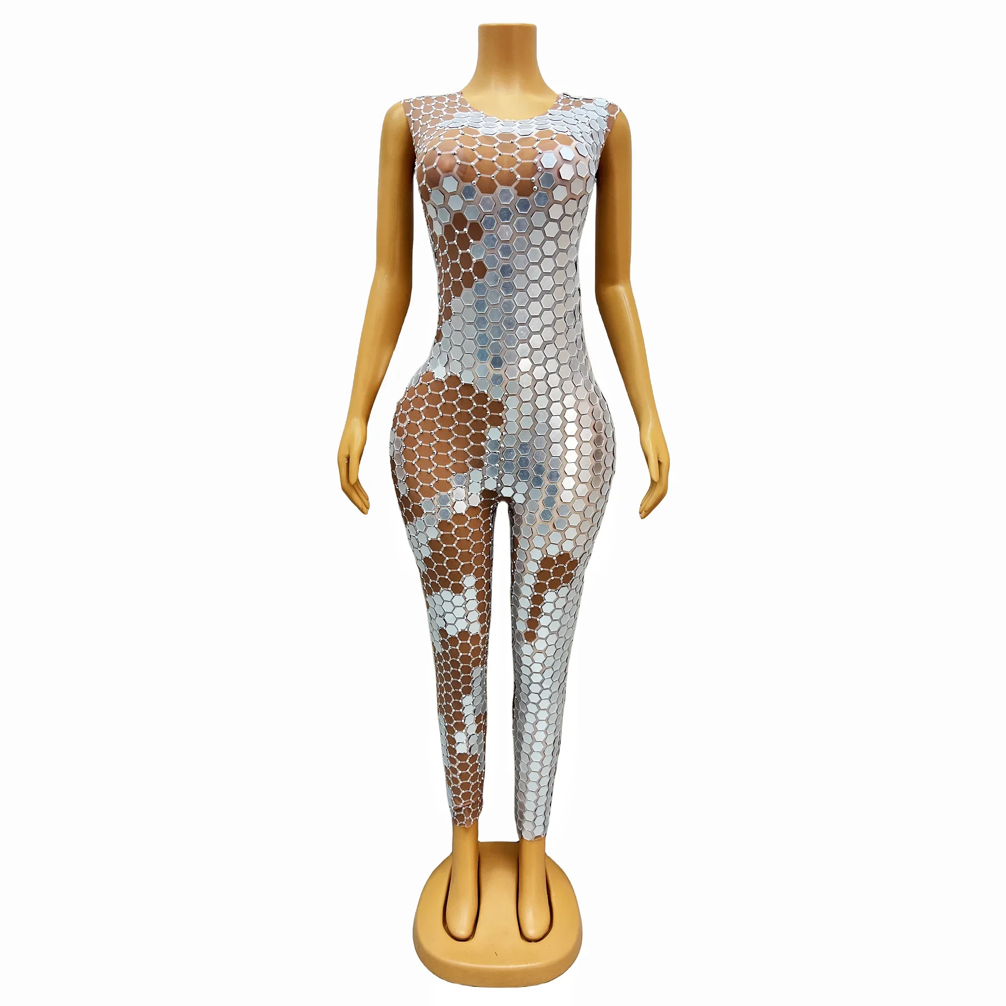 

Sexy Stretch Leggings Sleeveless Jumpsuit Costume Birthday Celebrate Outfit Sparkly Silver Rhinestones Mirrors Bodysuit