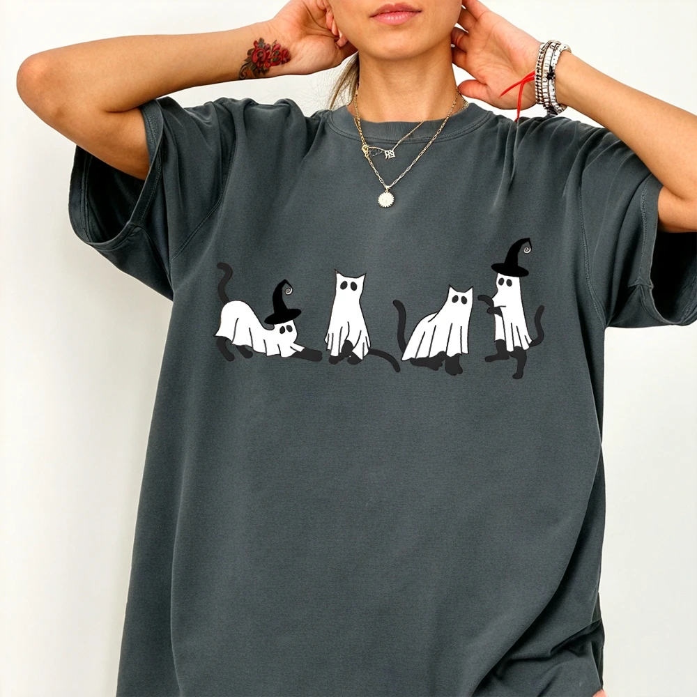 Cute Ghost Cats Graphic Cutecore Style Tee Baggy Comfort Male Female Streetwear Short Sleeve Tops Unisex Tee Shirt Style