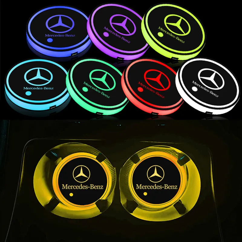 LED Luminous Car Coasters Water Cup Holder Coaster Lamps Auto Gadgets For Mercedes Benz B/C/E/S Class A Class C200L GLC GLK CLA