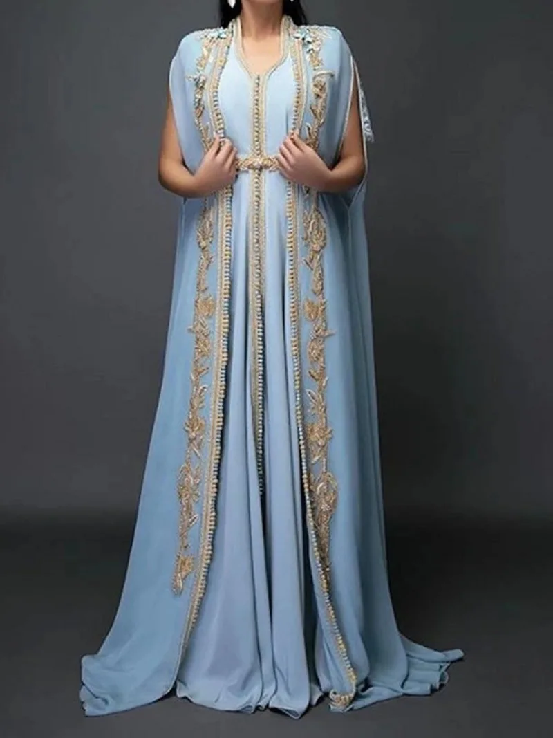 CustomizedLight Sky Blue Long Sleeve Chiffon Evening Dresses Moroccan Caftan With Gold Embroidery Islamic Dubai Saudi Arabic Pro