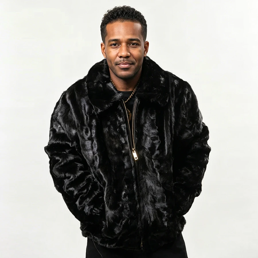 Genuine Section Mink Fur Jacket With Turndown Collar Real Fur Zippered Bomber Jacket Black Fur Coat Fashion Short Fur Coat Men