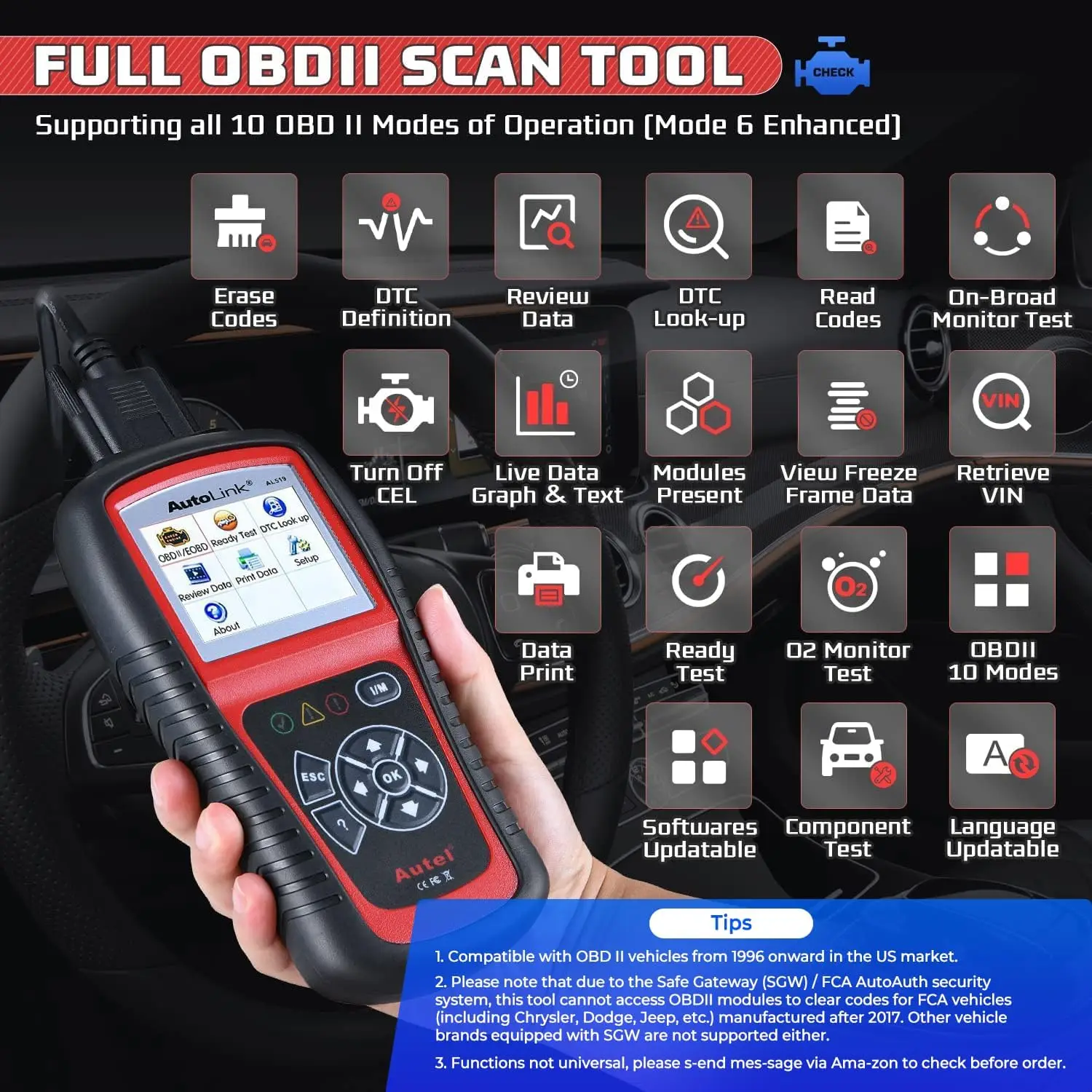 Autel AL519 OBD2 Scanner: Automotive Diagnostic Tool and Code Reader (ABS/SRS) 10 OBDII Test Modes DTCs Lookup Live Data 2