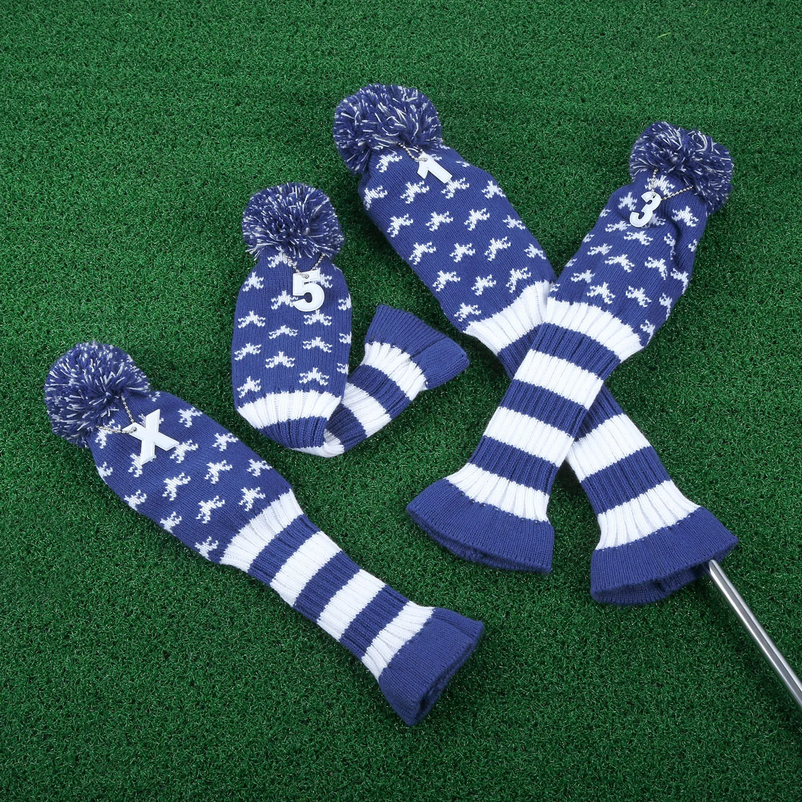 4Pcs Soft Wool Knitted Long Neck Sock Golf Club Heads Covers Set Fit for Driver(Up To 460CC) Fairway Hybrid Woods Golf Headcover