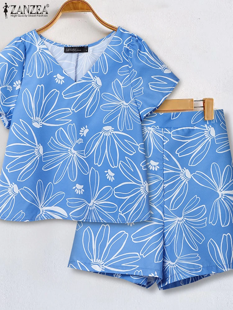 

ZANZEA 2025 Fashion Short Sets Women Summer Vintage Printed Short Sleeve V-Neck Tunic Tops and Shorts 2PCS Casual Loose Sets