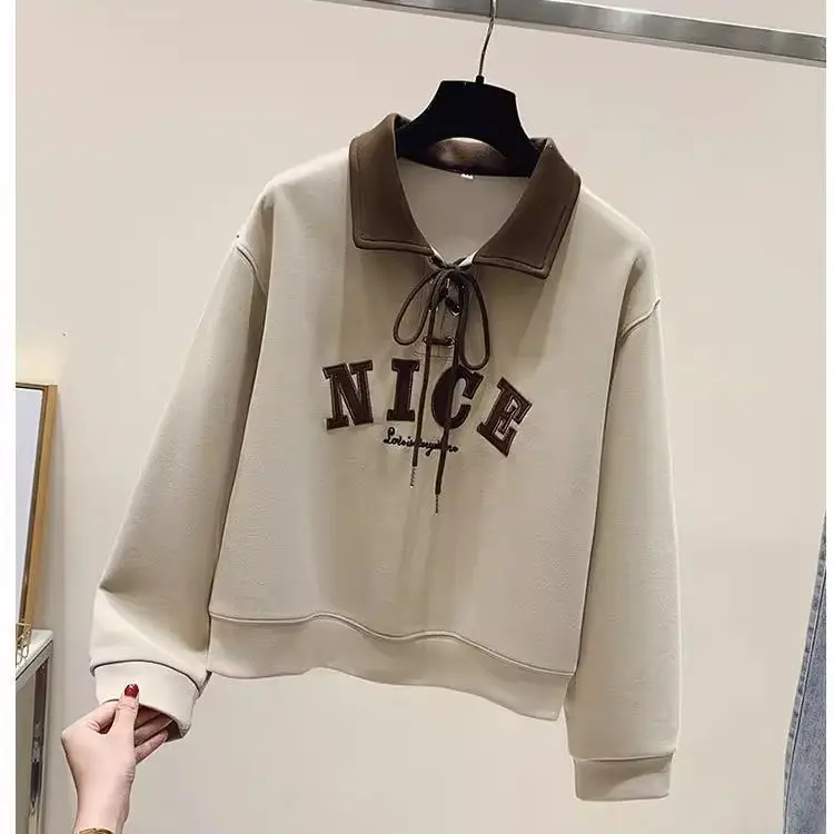 New Korean Version Letter Embroidered Long Sleeved Sweatshirt for Women Loose and Casual Versatile Niche Design Sense Top