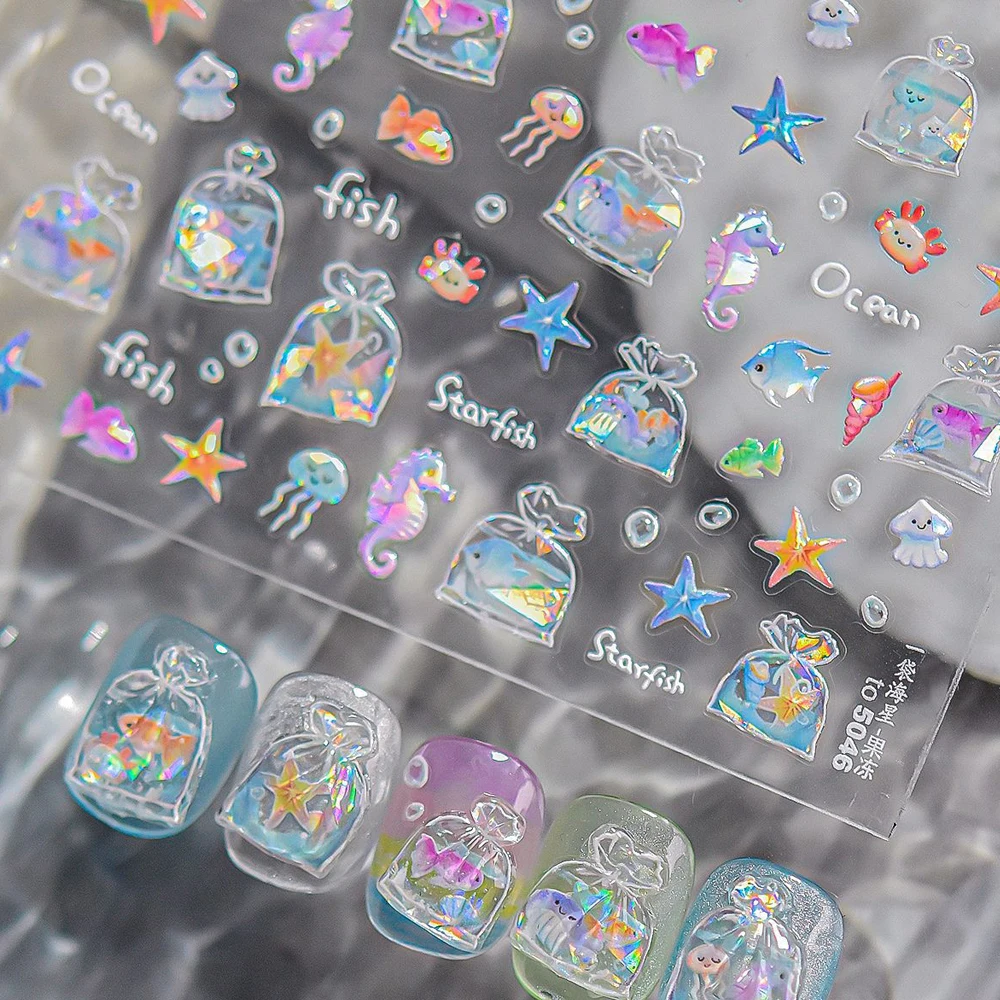 Ozean Seestern Bagful Brocaded Karpfen Goldfisch Qualle Wasserblasen Seepferdchen Wal selbstklebende Nail Art Aufkleber Maniküre Aufkleber