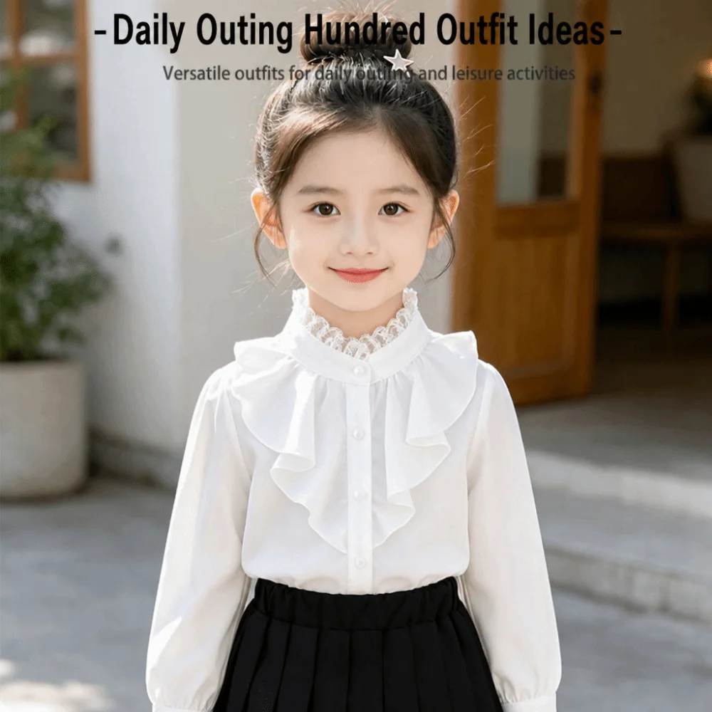 White Girl Long Sleeve Shirt Lace Chiffon Fabric Girl Chiffon Blouse Lightweight Button Front Kids Clothing for Teenagers