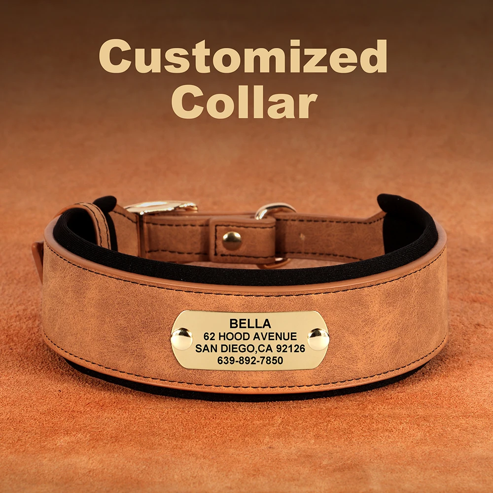 Personalisiertes breites Hundehalsband aus PU-Leder, individuelle Hundehalsbänder, gepolstertes Haustierhalsband für kleine, mittelgroße und große Hunde, Pitbull Buldog – Detail 14
