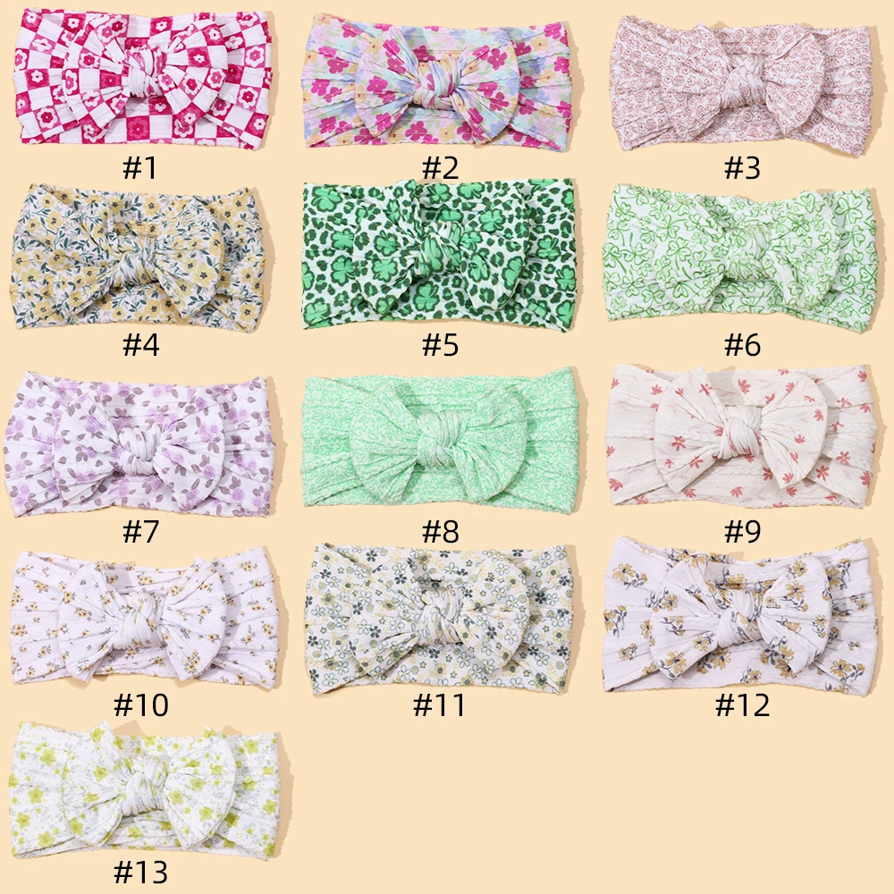 Drop Shipping 2023 New Floral Print Baby Bow Headband, Macaron Color Cable Knit Nylon Turban Headwrap For Girls Hair Accessories