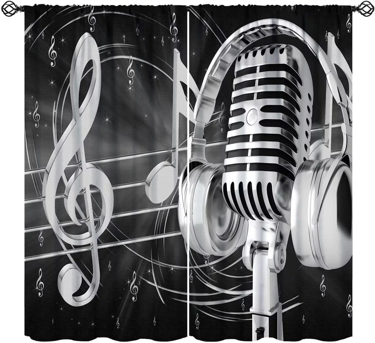 Music Curtains Black White Microphone Musical Notes Rustic Art Printed Rod Pocket Blackout Window Drapes for Living Room Kitchen