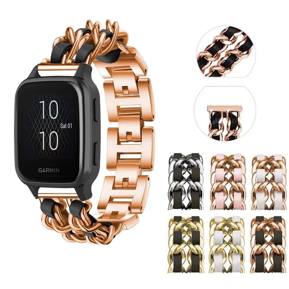 20 22mm metal dupla corrente moda pulseira de couro para garmin vivoactive 3 4 5 6 música venu 2 3 2plus sq 2 música