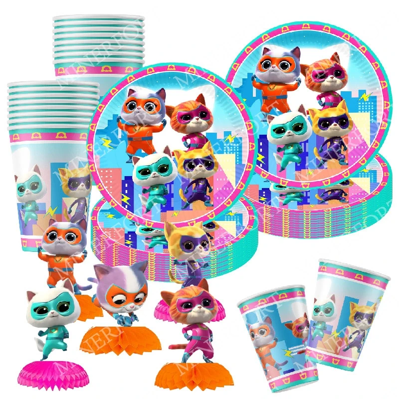 Superkittie Cat Paper Cup Plate Spiral Swirl Honeycombs Birthday  Baby Shower Party Decoration Disposable Tableware for Kids