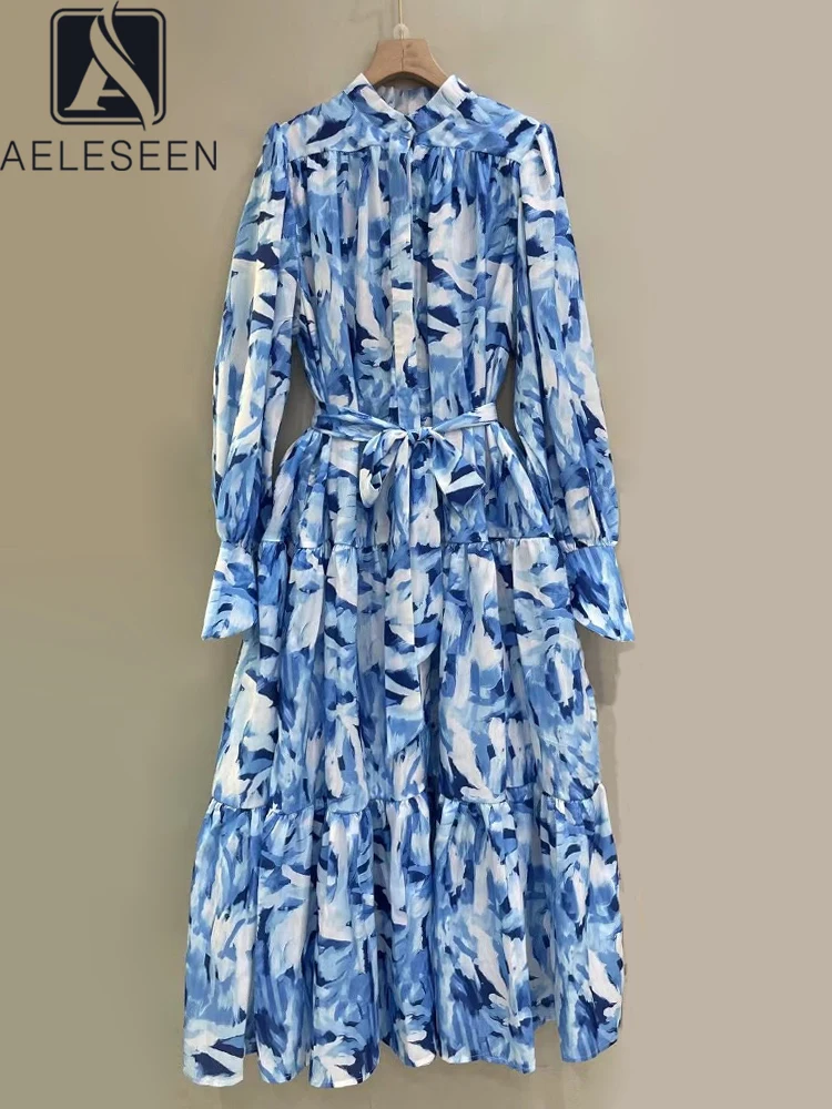 

AELESEEN Bohemian Long Party Dress Women Spring Summer Stand Collar Single-breasted Flower Print Full Lantern Sleeve Loose Party