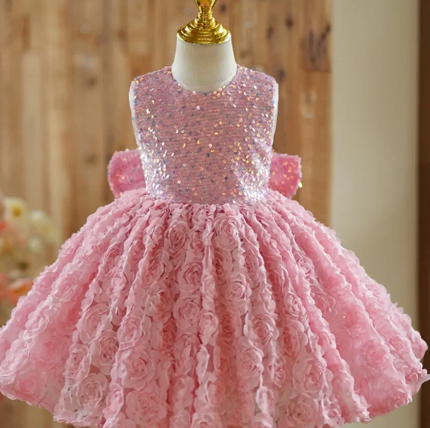 

Pink Baby Girl Dress Toddler 1st Birthday Dress with Bow For Special Occasion Party Dress Kid Gift 12M 24M Photoshoot